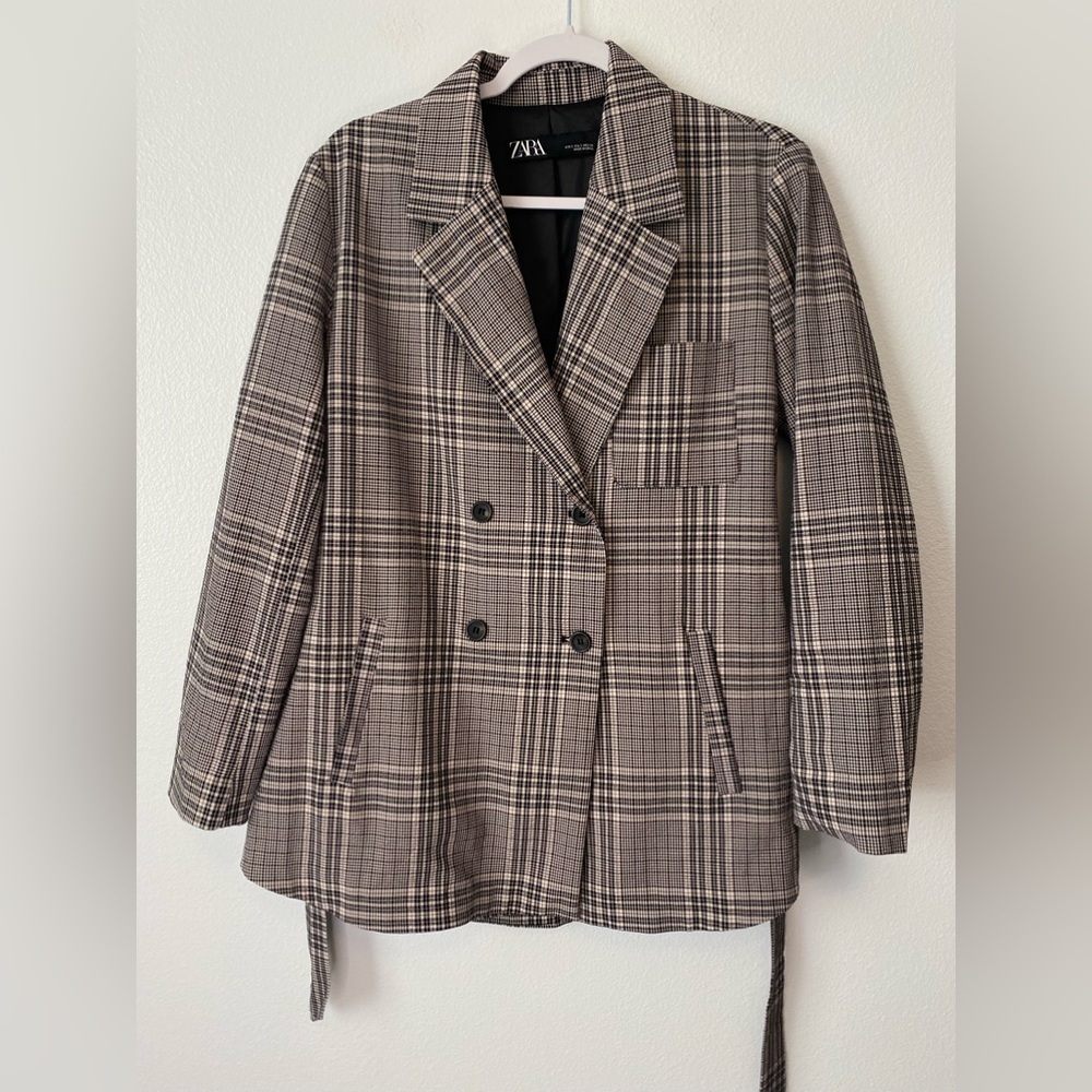 Zara Blush Pink & Black Plaid Double Breasted Stretch Blazer with belt Small - Picture 2 of 13